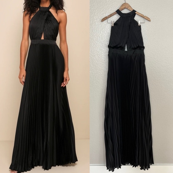 Midnight Moves Black Pleated Satin Cutout Halter Maxi Dress - Picture 1 of 9